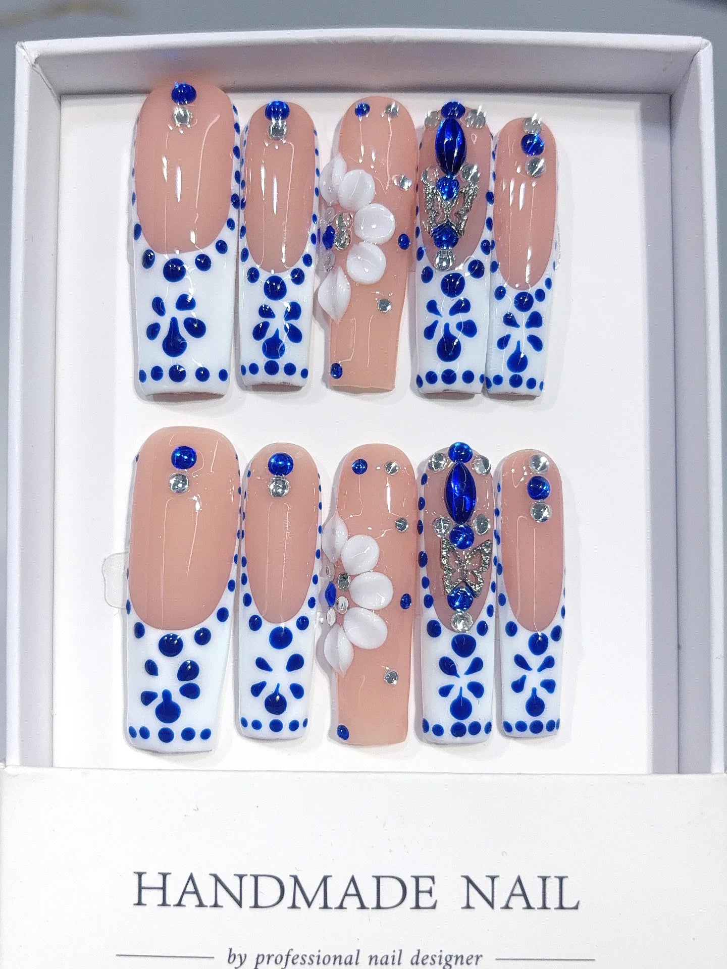 L311 - Long Nude Blue Square French Tip Polka Dot Flowers - view 6