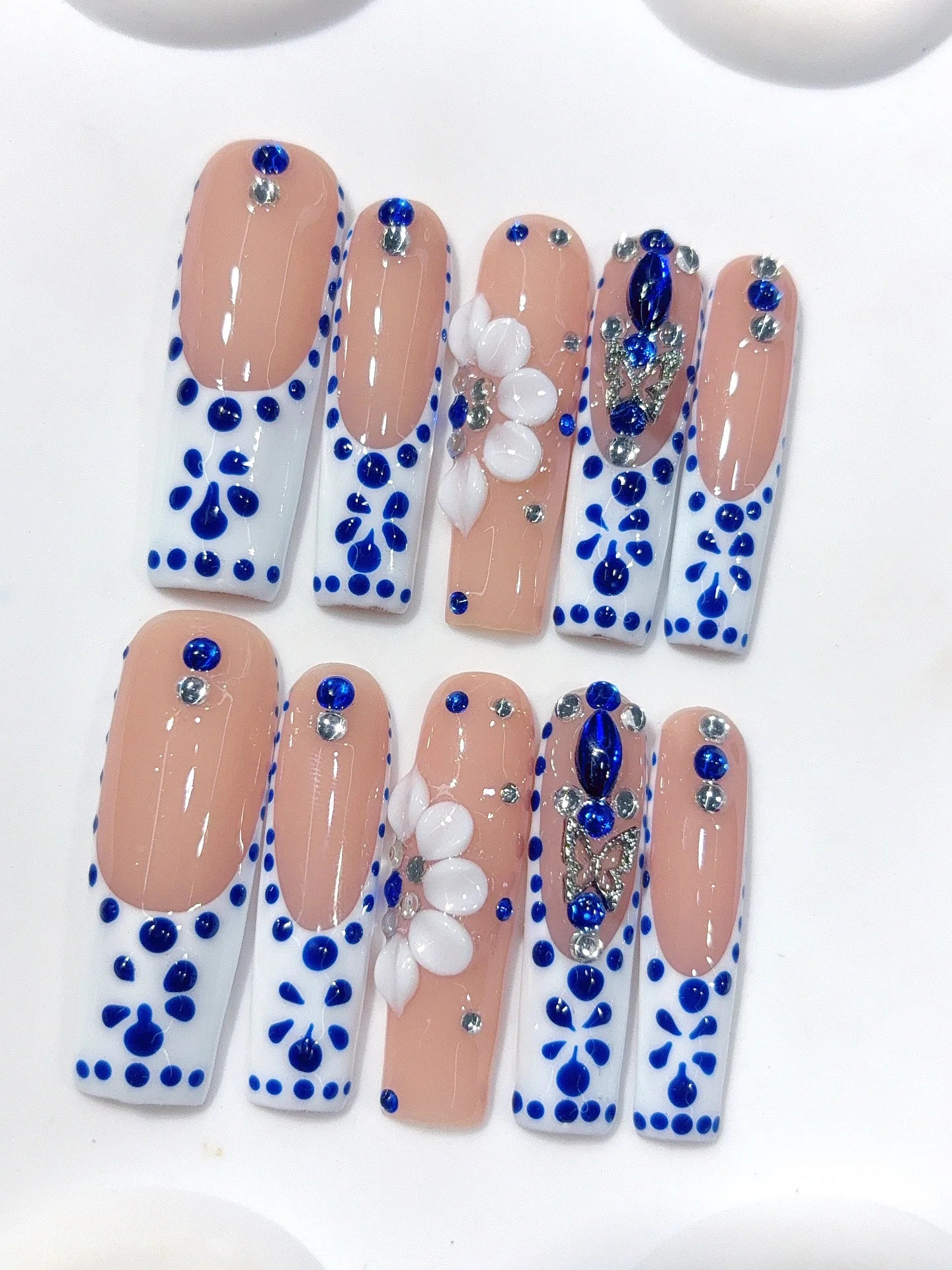 L311 - Long Nude Blue Square French Tip Polka Dot Flowers - view 7