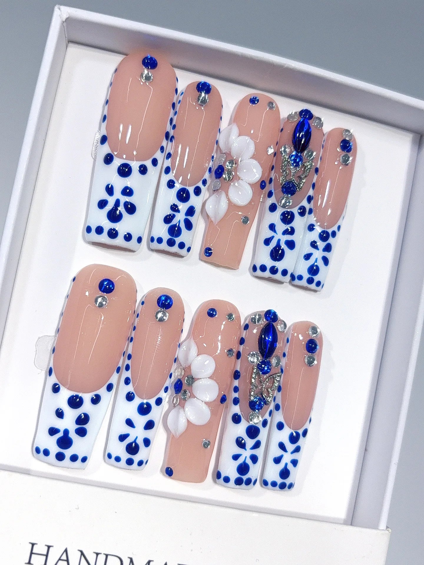 L311 - Long Nude Blue Square French Tip Polka Dot Flowers - view 3