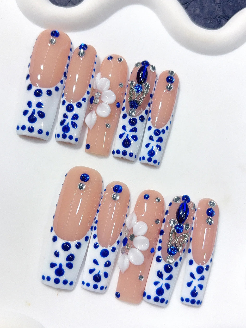 L311 - Long Nude Blue Square French Tip Polka Dot Flowers - view 1