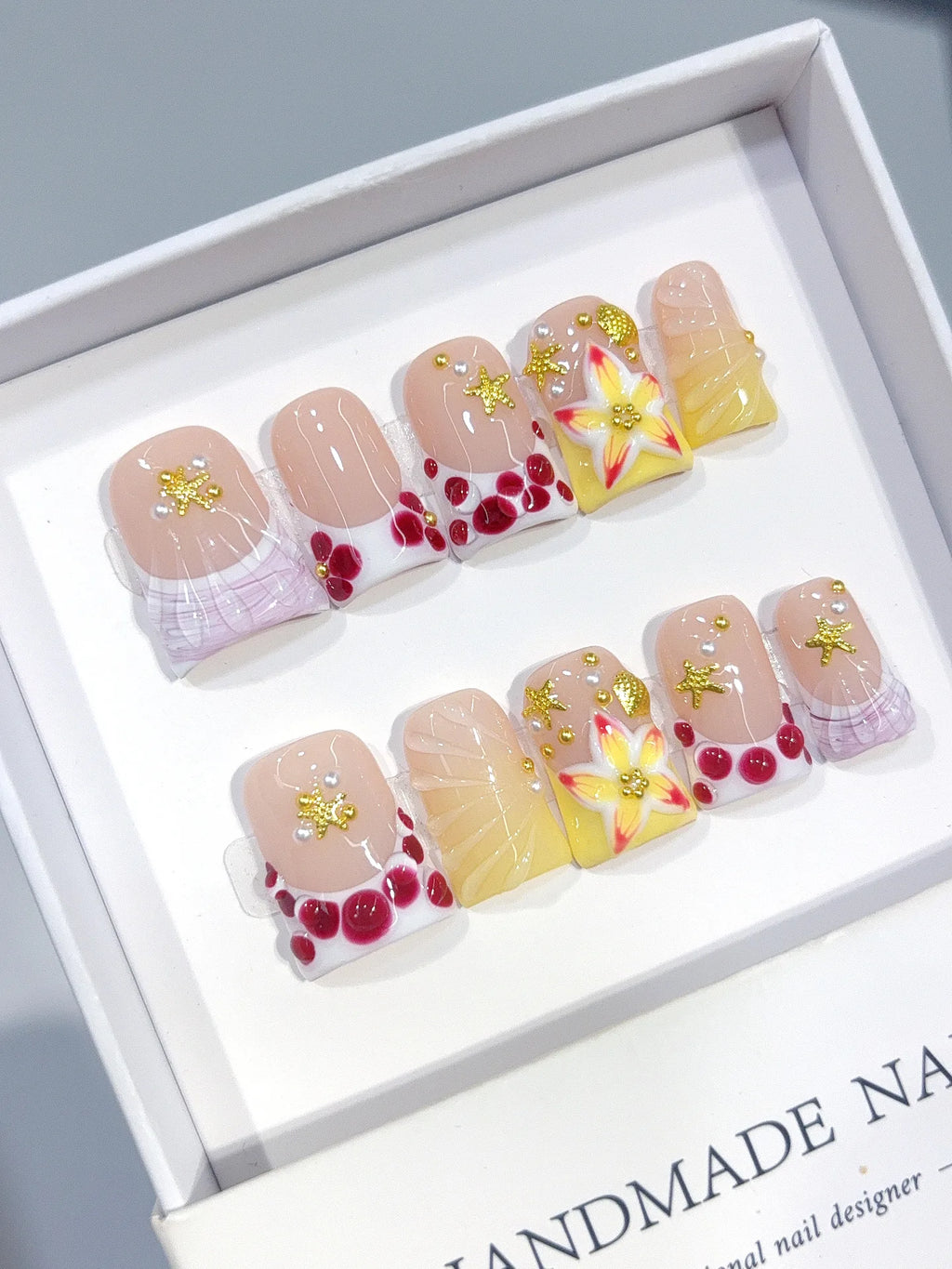 L312 - Short Nude Yellow Duck French Tip Polka Dot Flowers - view 4