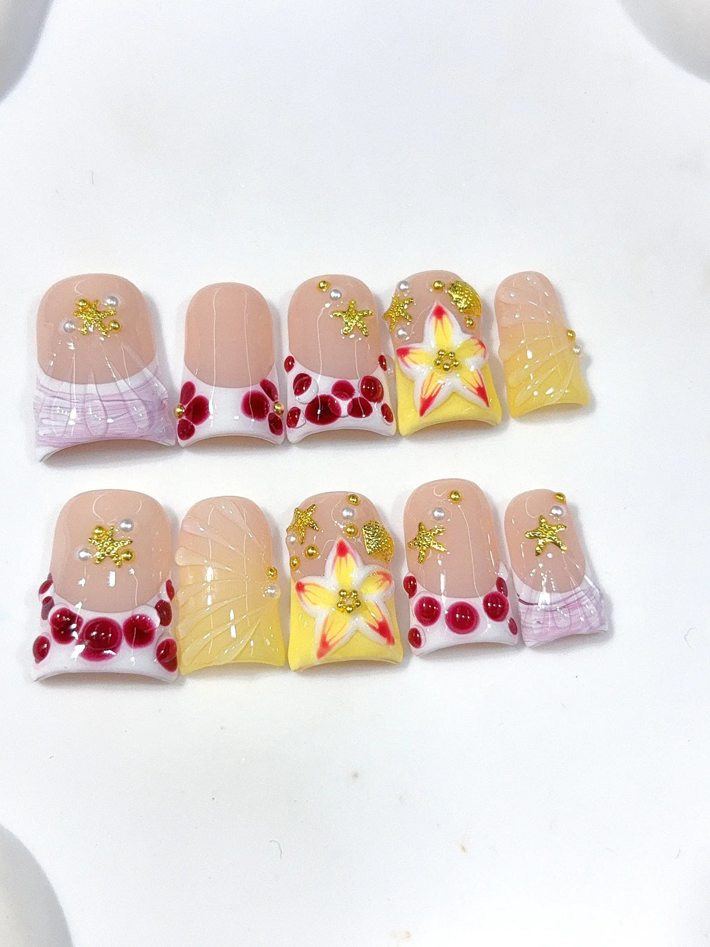 L312 - Short Nude Yellow Duck French Tip Polka Dot Flowers - view 5