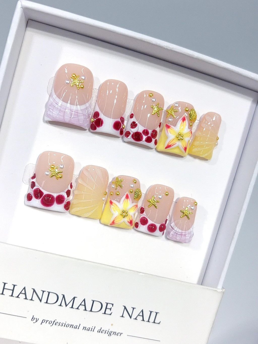 L312 - Short Nude Yellow Duck French Tip Polka Dot Flowers - view 2