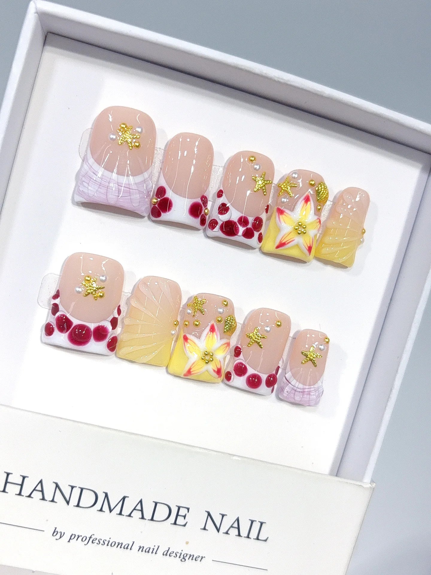 L312 - Short Nude Yellow Duck French Tip Polka Dot Flowers - view 2