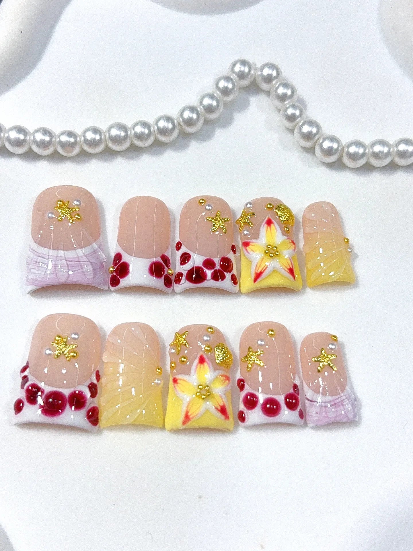 L312 - Short Nude Yellow Duck French Tip Polka Dot Flowers - view 6