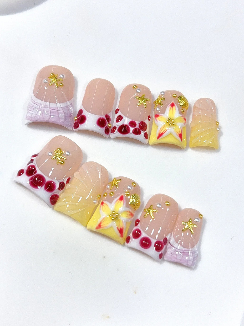 L312 - Short Nude Yellow Duck French Tip Polka Dot Flowers - view 7