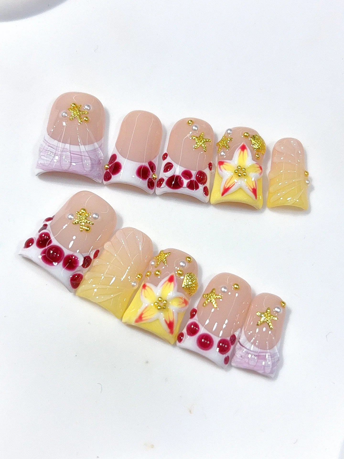 L312 - Short Nude Yellow Duck French Tip Polka Dot Flowers - view 7