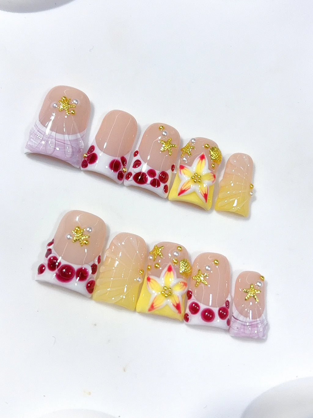 L312 - Short Nude Yellow Duck French Tip Polka Dot Flowers - view 3