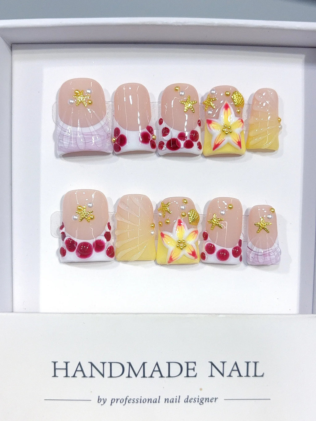 L312 - Short Nude Yellow Duck French Tip Polka Dot Flowers - view 1