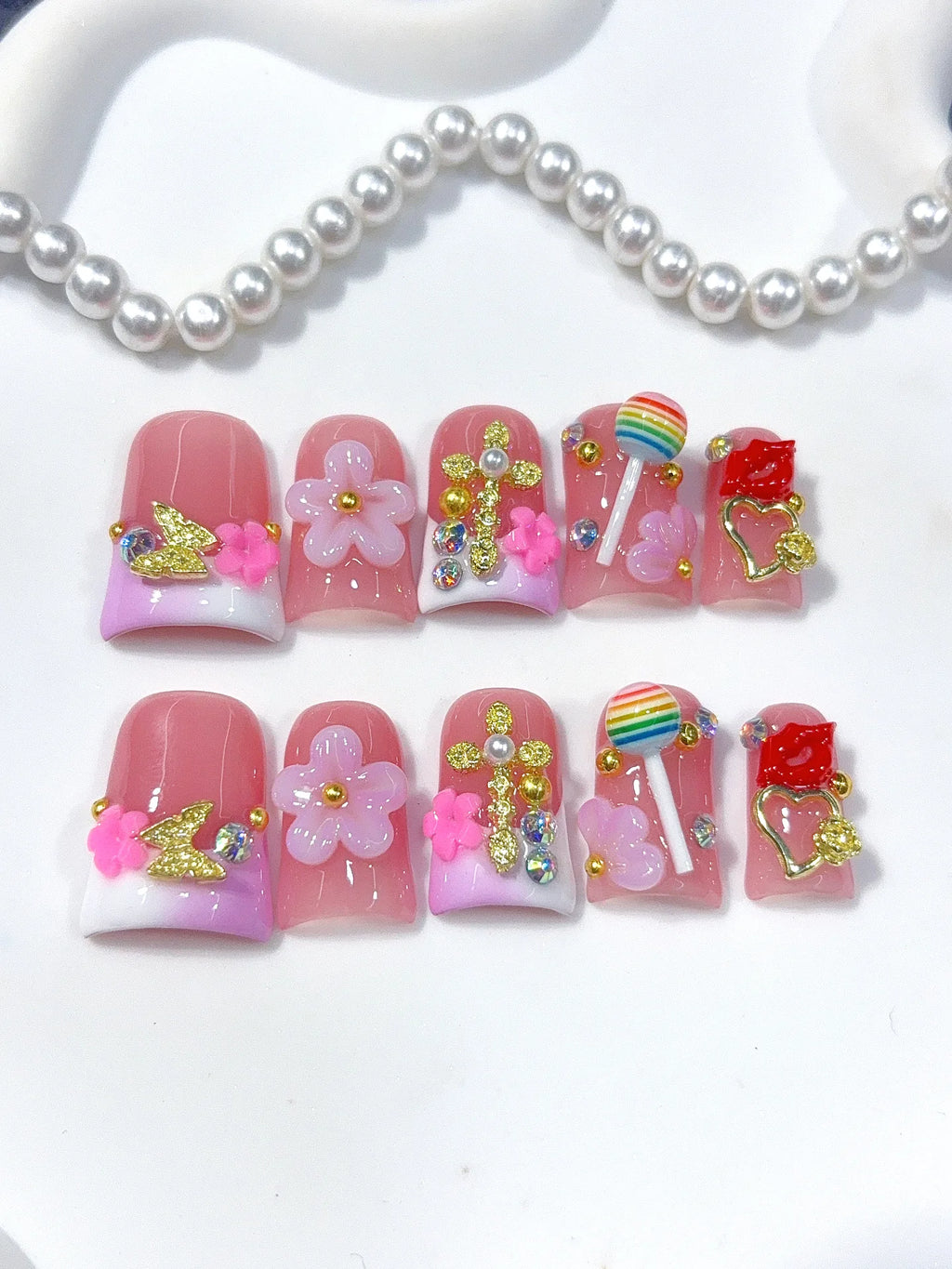 L313 - Short Pink Green Duck Ombre French 3D Flowers - view 4