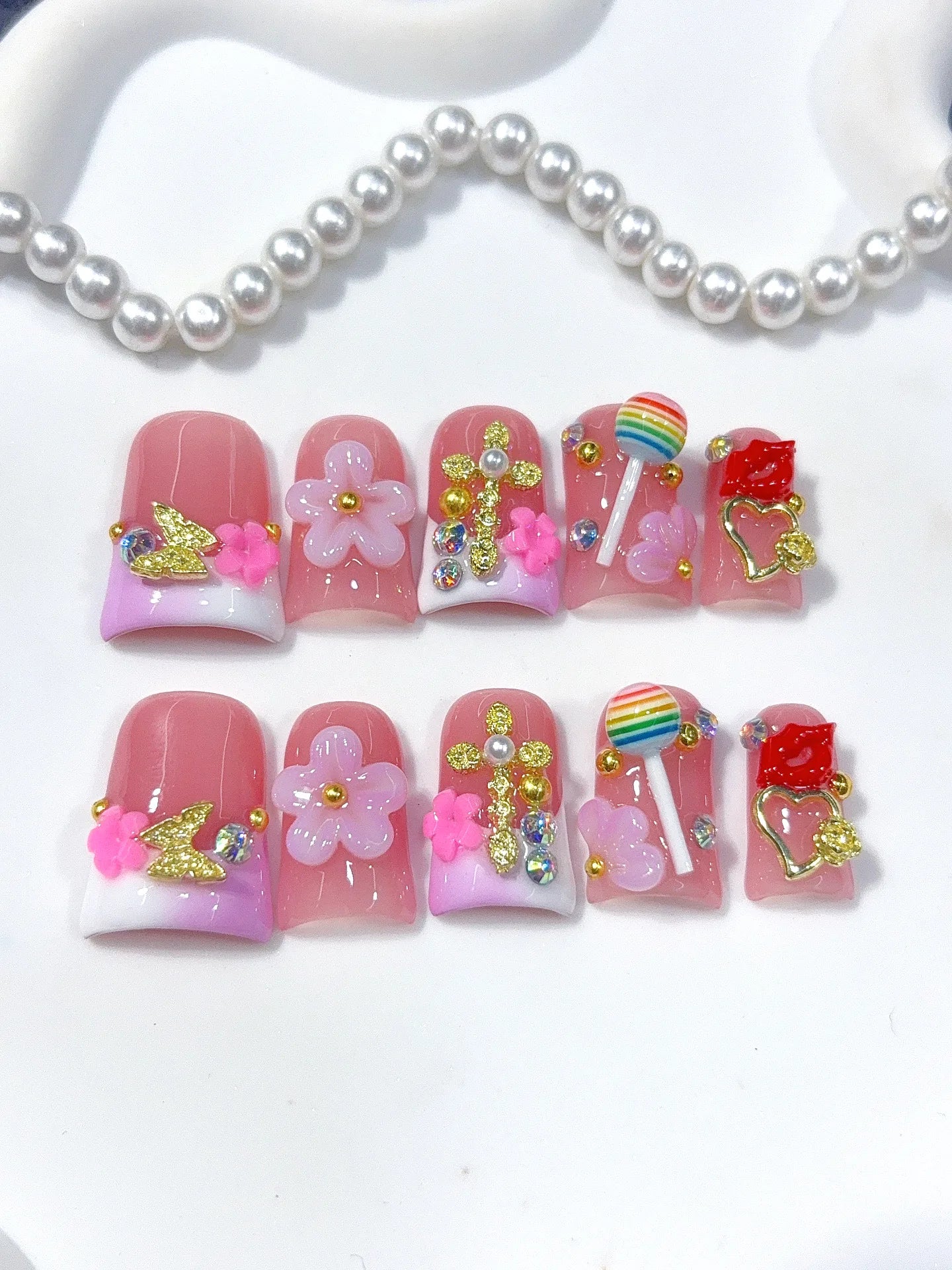 L313 - Short Pink Green Duck Ombre French 3D Flowers - view 4