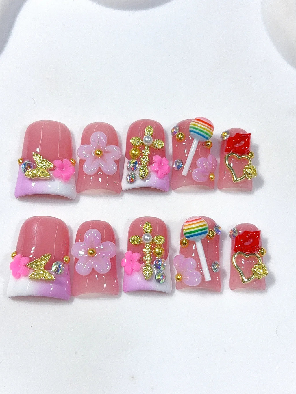 L313 - Short Pink Green Duck Ombre French 3D Flowers - view 5