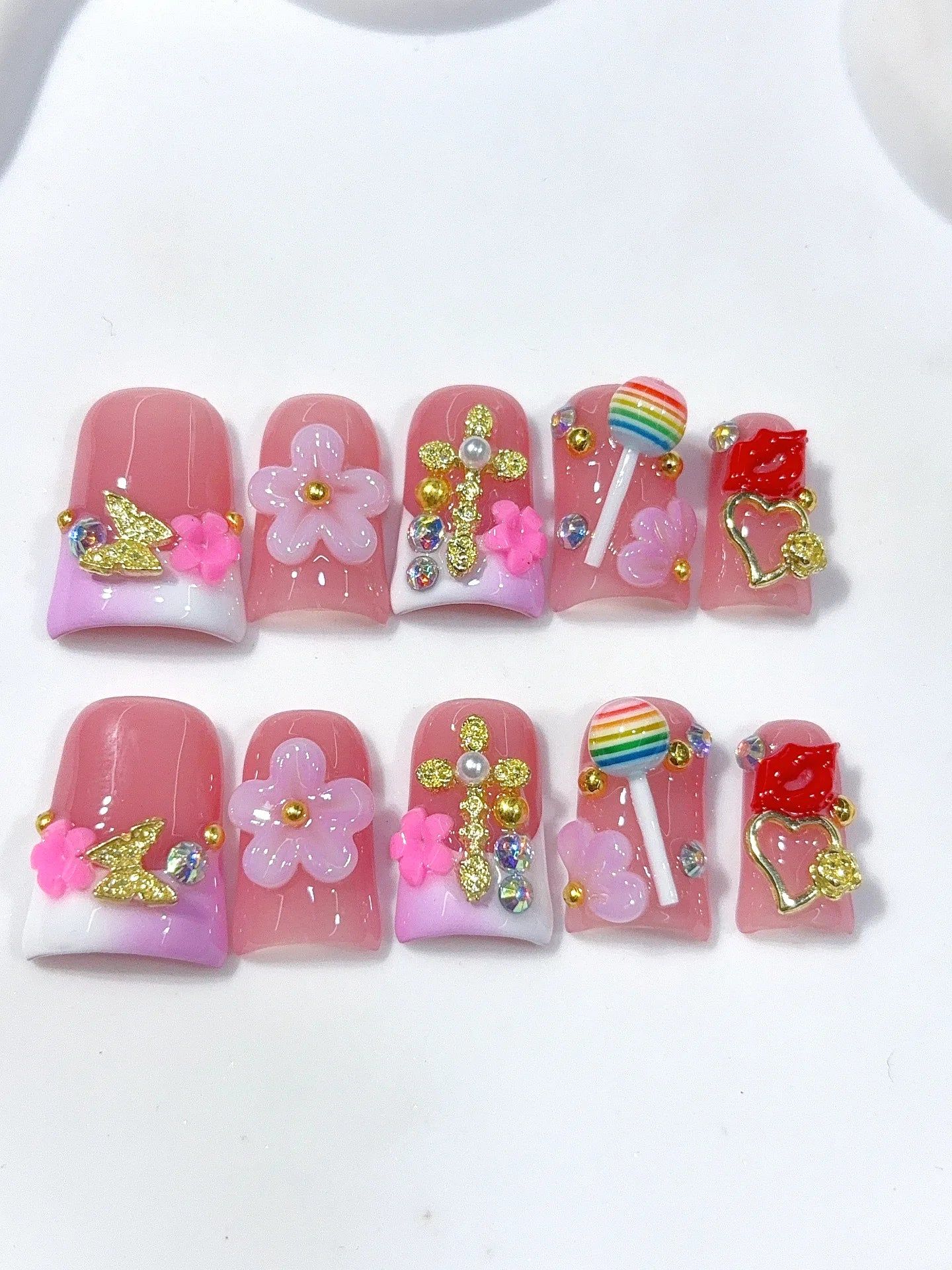 L313 - Short Pink Green Duck Ombre French 3D Flowers - view 5