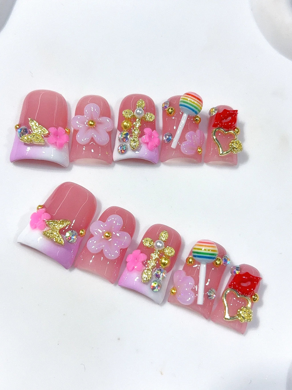 L313 - Short Pink Green Duck Ombre French 3D Flowers - view 2