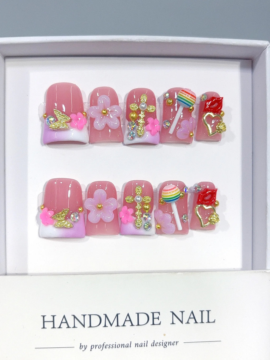 L313 - Short Pink Green Duck Ombre French 3D Flowers - view 6