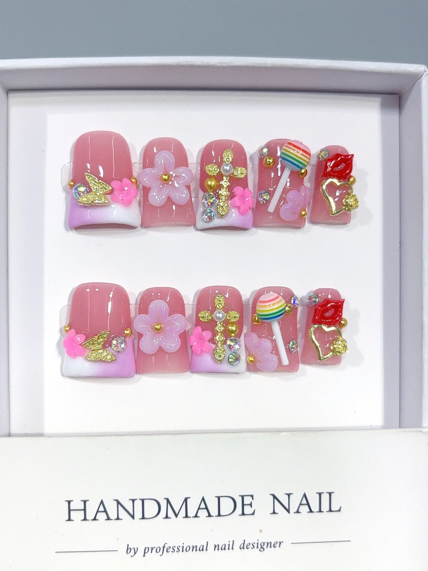 L313 - Short Pink Green Duck Ombre French 3D Flowers - view 6