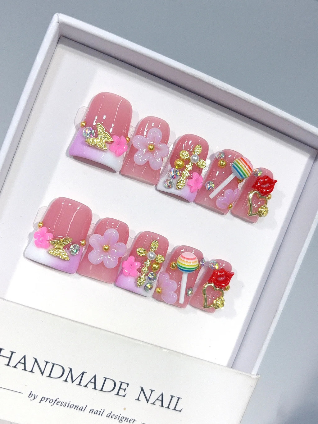 L313 - Short Pink Green Duck Ombre French 3D Flowers - view 7