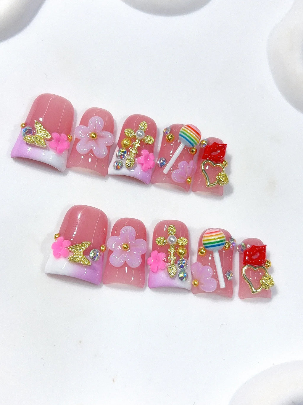 L313 - Short Pink Green Duck Ombre French 3D Flowers - view 3