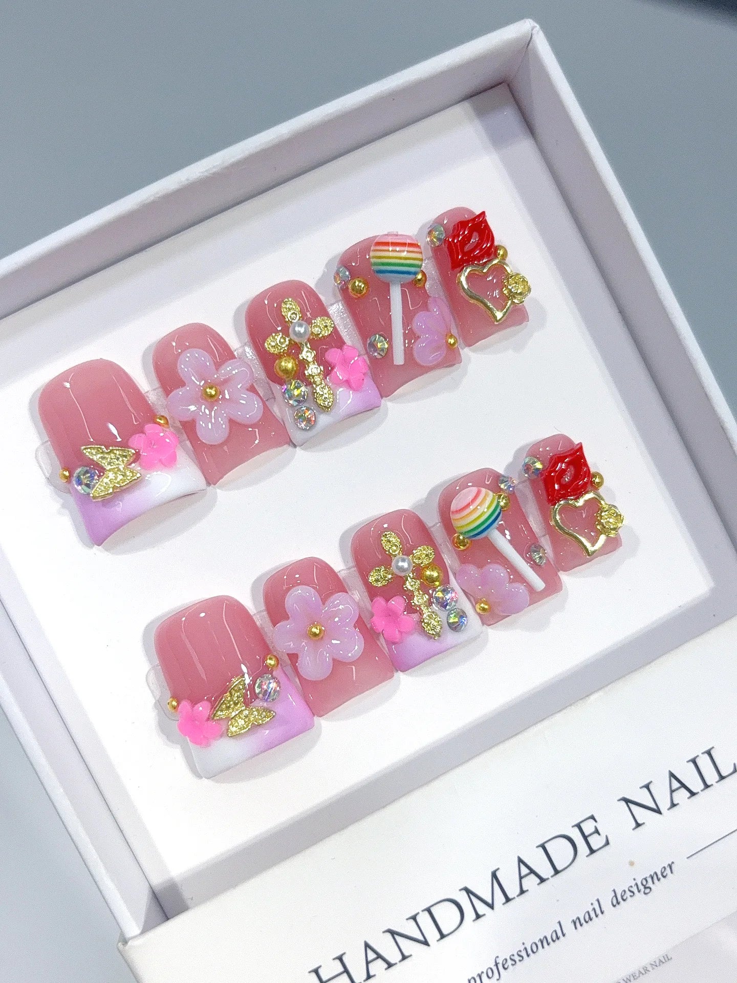 L313 - Short Pink Green Duck Ombre French 3D Flowers - view 1