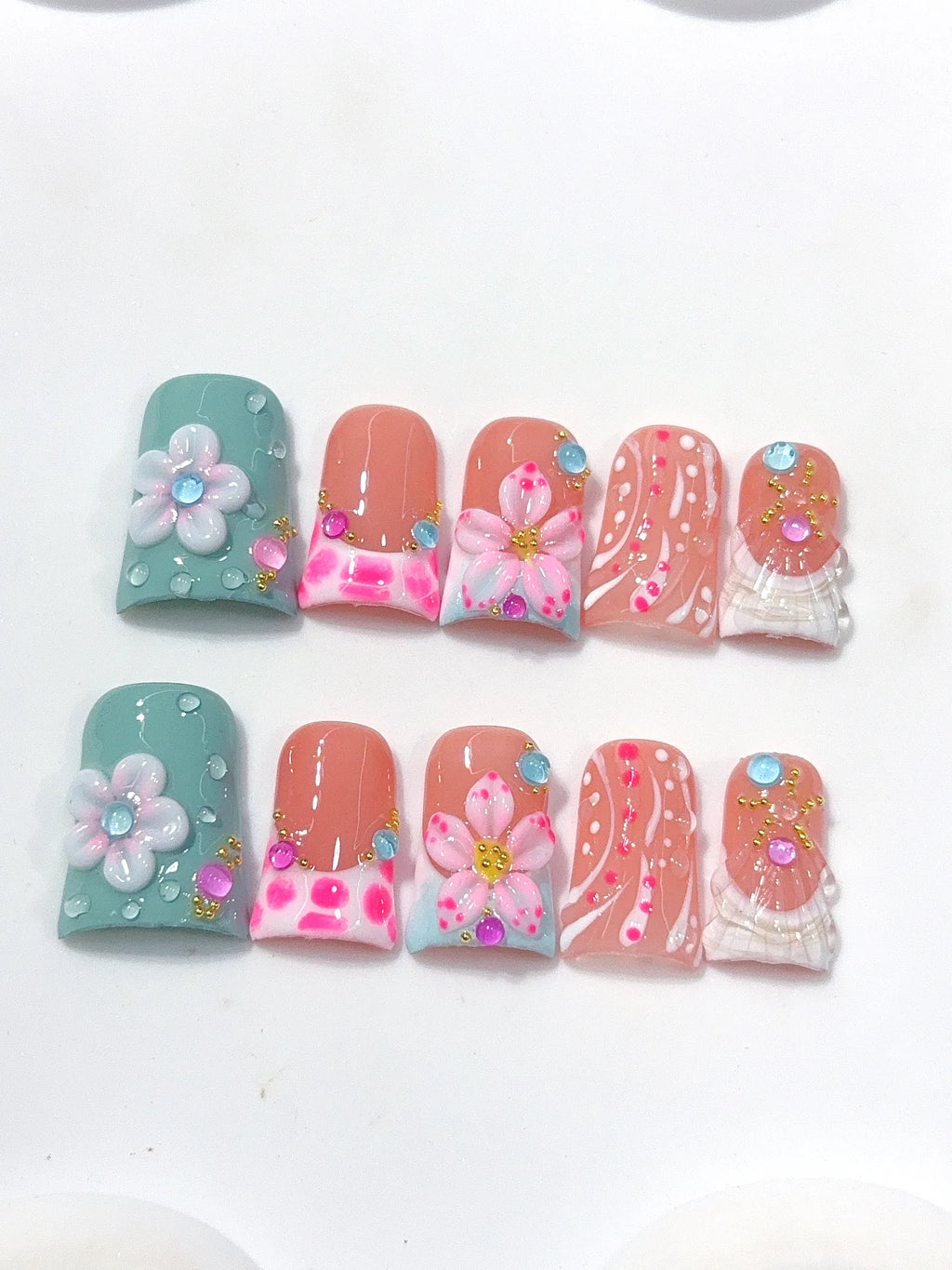 L314 - Short Coral Teal Duck Polka Dot 3D Flowers - view 2