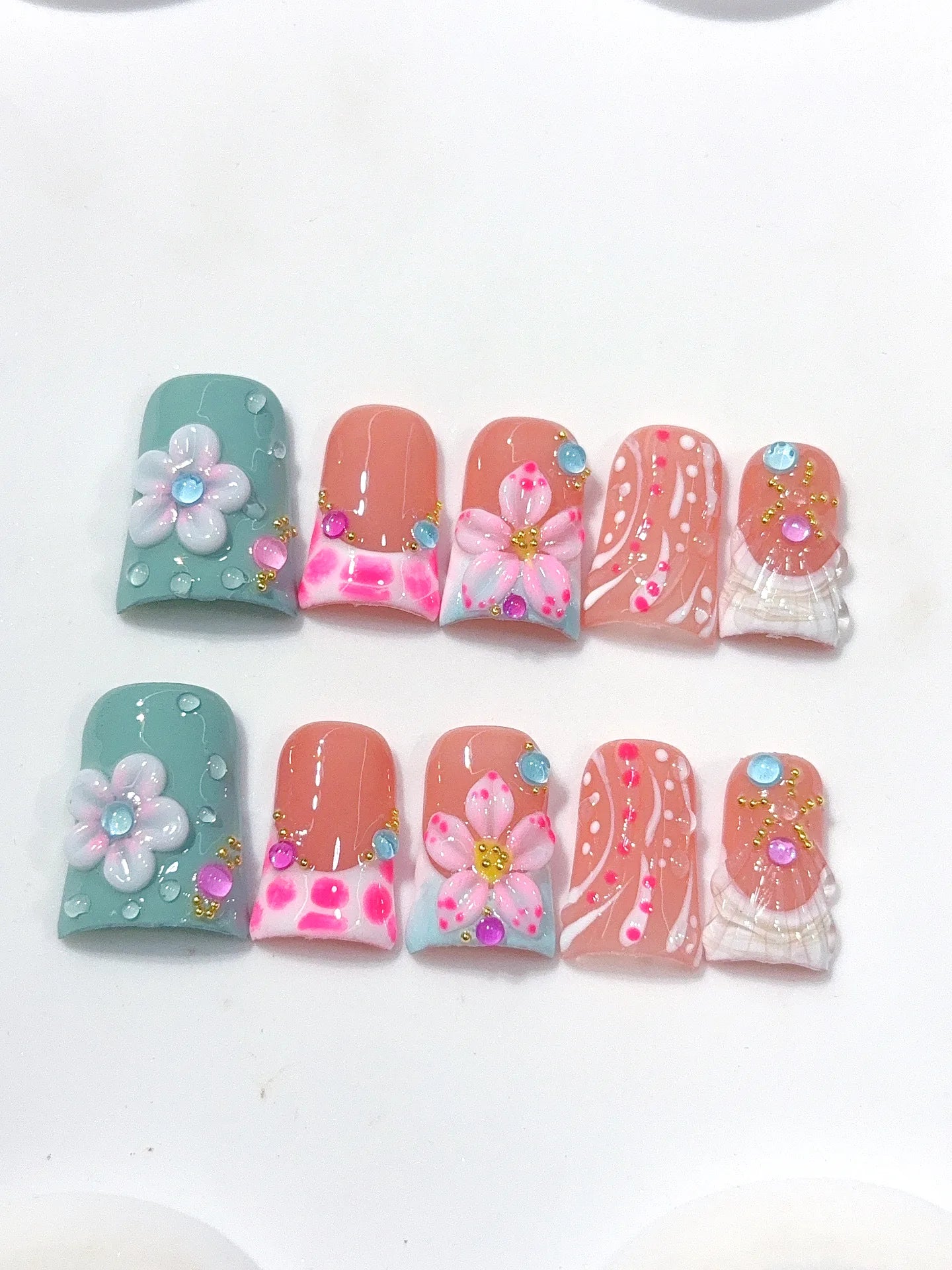 L314 - Short Coral Teal Duck Polka Dot 3D Flowers - view 2