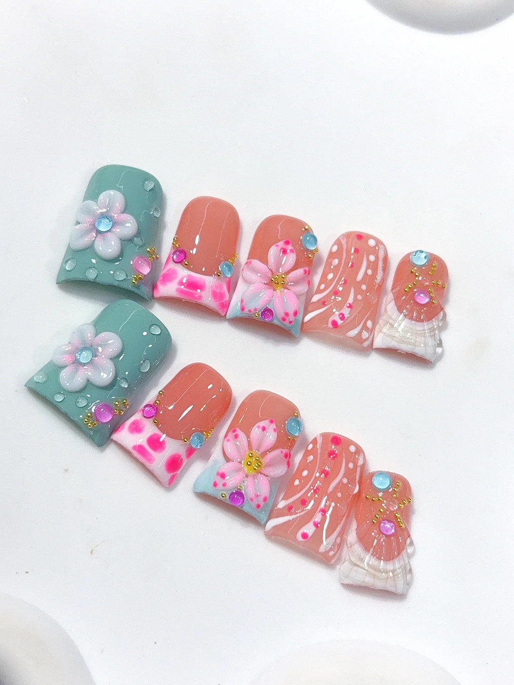 L314 - Short Coral Teal Duck Polka Dot 3D Flowers - view 7