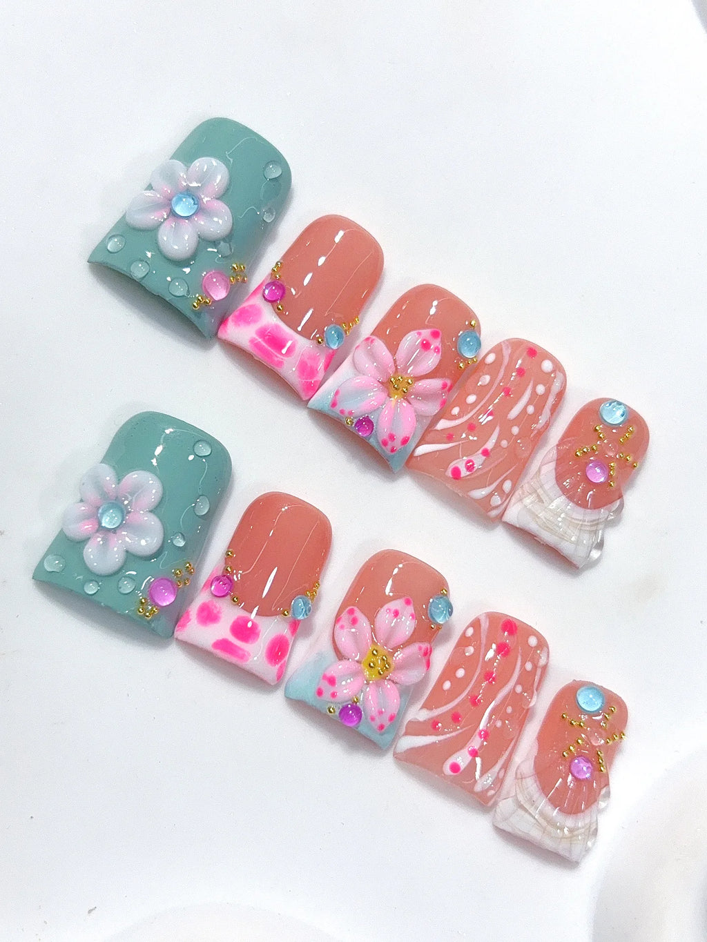 L314 - Short Coral Teal Duck Polka Dot 3D Flowers - view 3