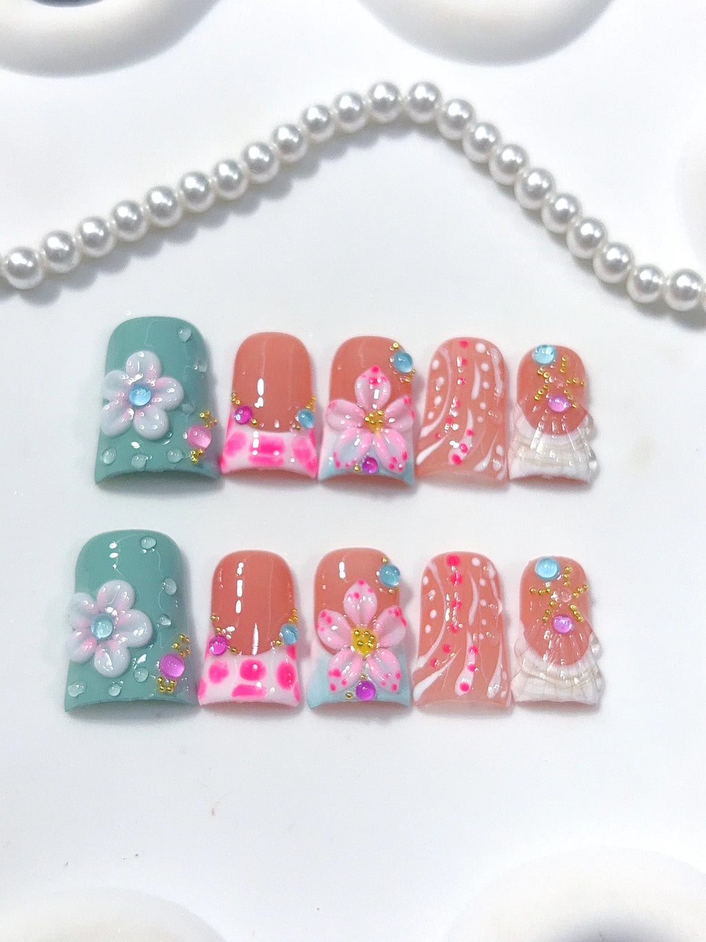 L314 - Short Coral Teal Duck Polka Dot 3D Flowers - view 1