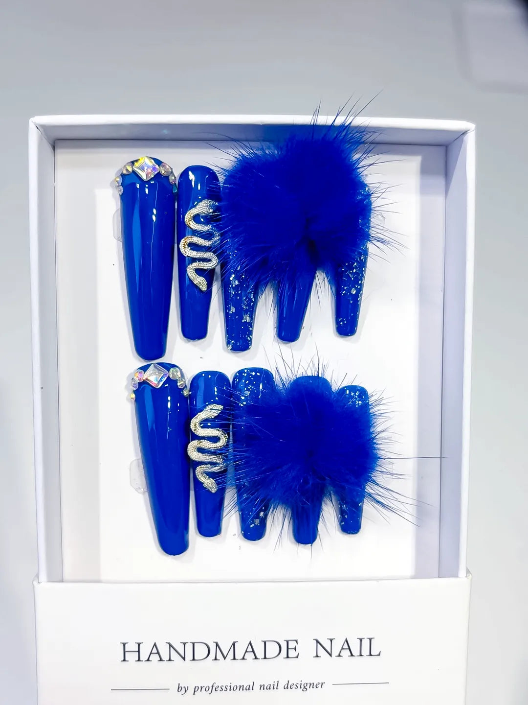 Blue Silver Solid color Bear Rhinestone 3D press on nails full set view
