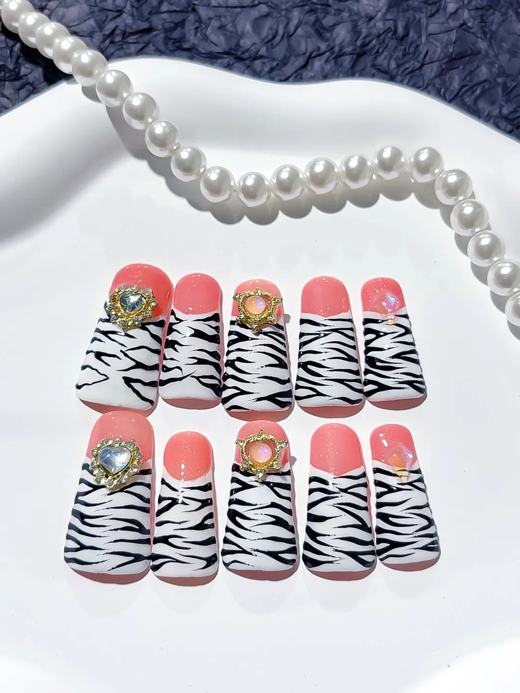 Pink White Black Abstract Animal Print press on nails close up
