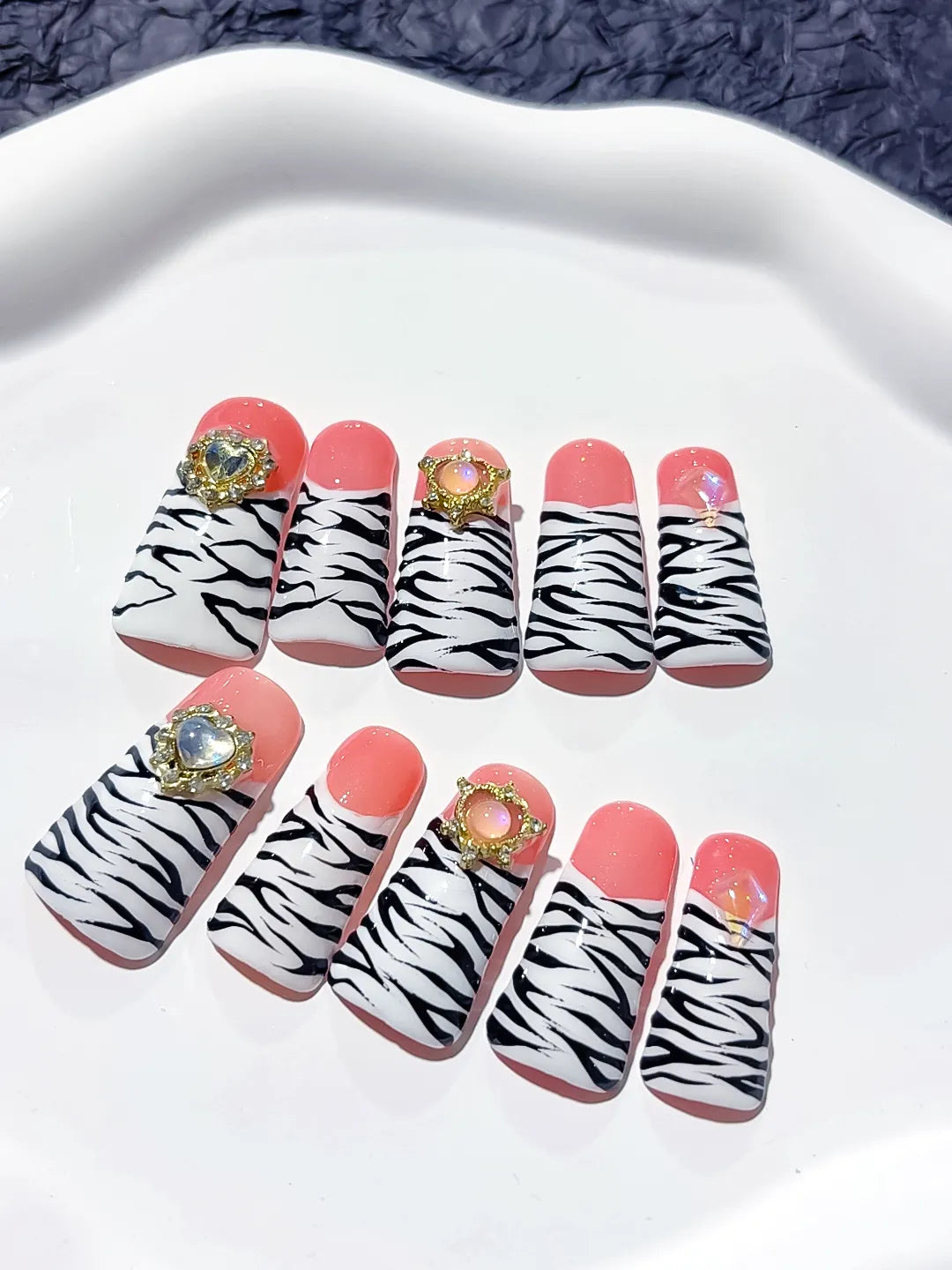 Pink White Black Abstract Animal Print press on nails detail view