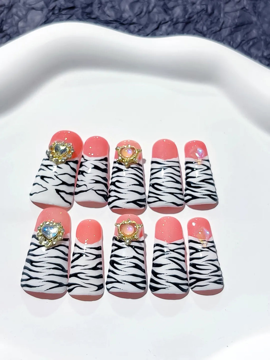 Pink White Black Abstract Animal Print press on nails detail view