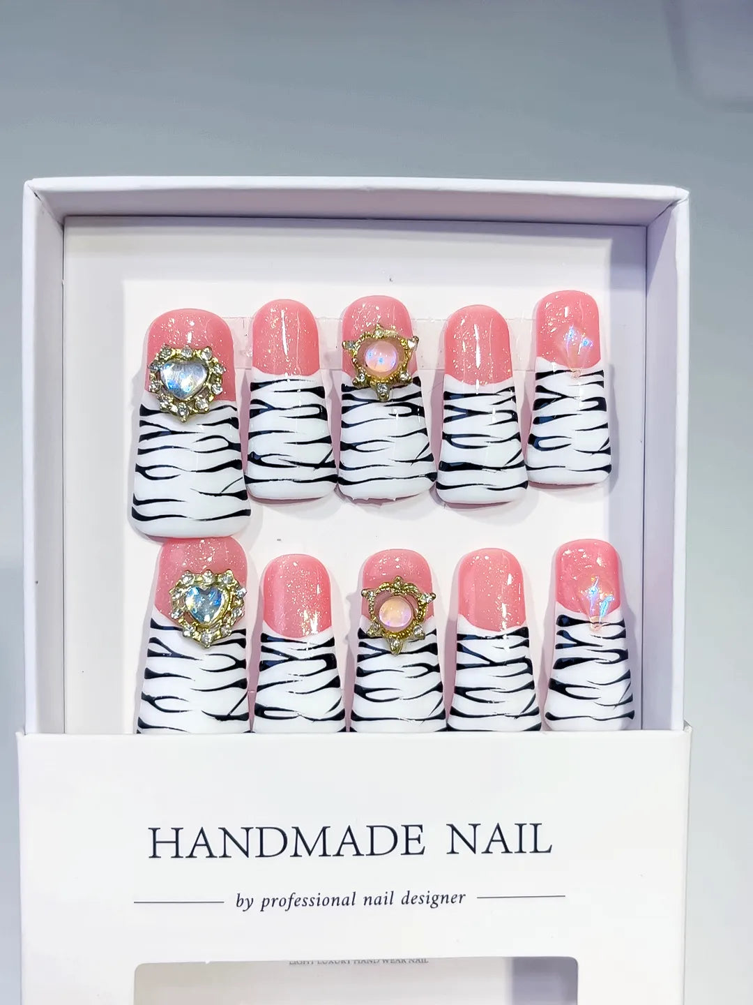 Pink White Black Abstract Animal Print press on nails full set view