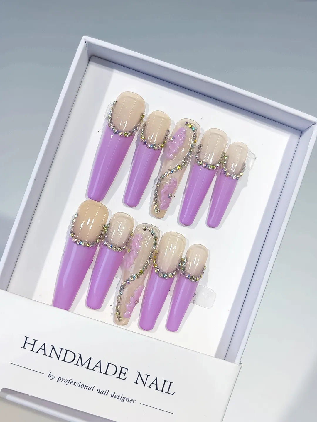 Nude Purple Yellow French tip Drip Effect press on nails