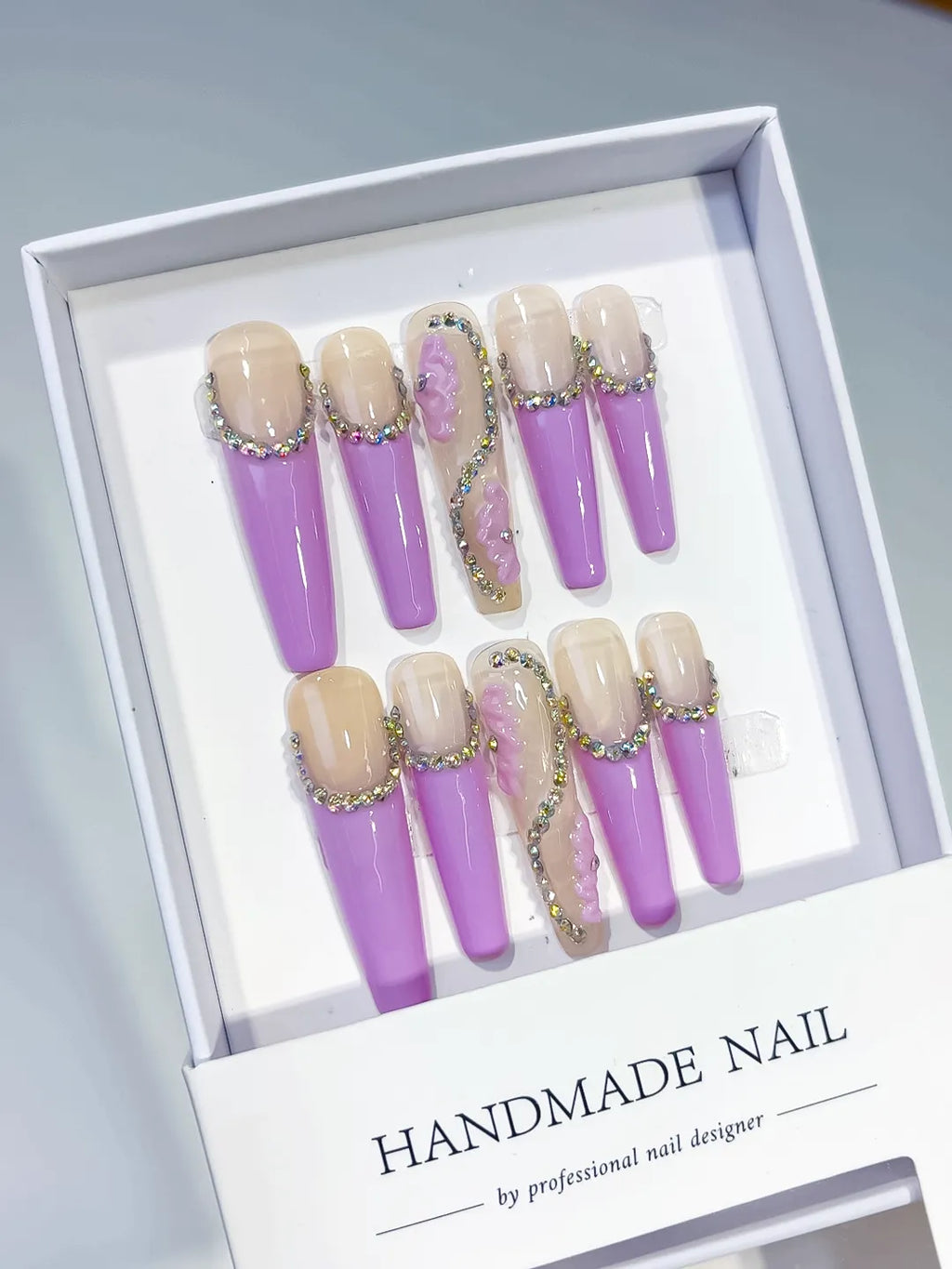 Nude Purple Yellow French tip Drip Effect press on nails angled view