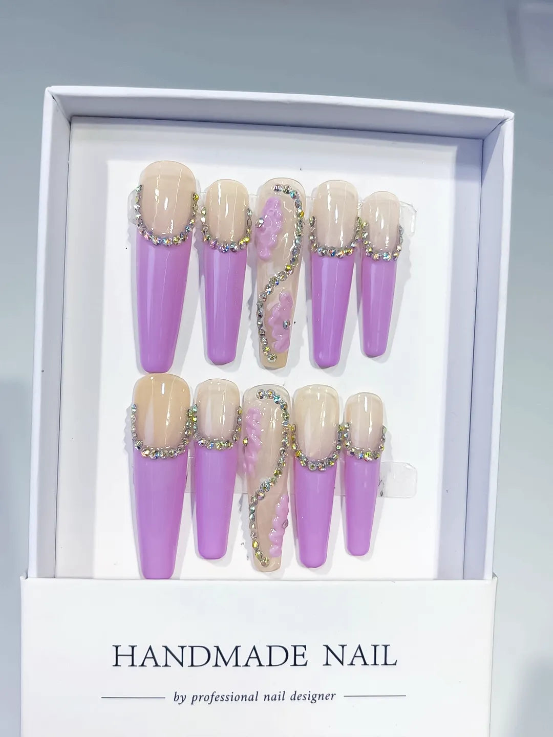 Nude Purple Yellow French tip Drip Effect press on nails full set view