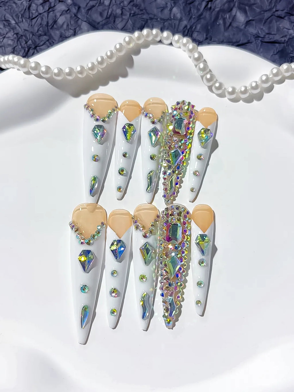 Nude White Gold Silver Solid color Rhinestone Metallic Accent press on nails close up