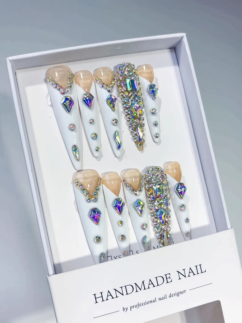 Nude White Gold Silver Solid color Rhinestone Metallic Accent press on nails angled view