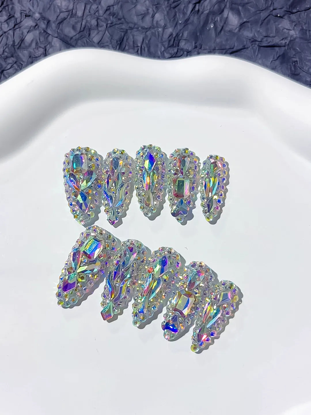 Silver Multicolor Solid color Rhinestone Crystal Cluster press on nails close up