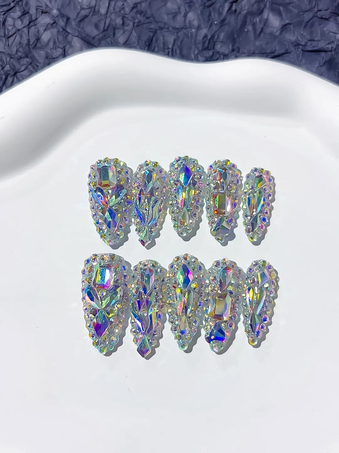 Silver Multicolor Solid color Rhinestone Crystal Cluster press on nails detail view