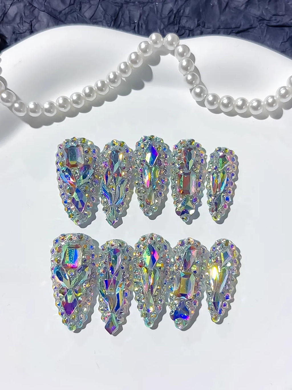 Silver Multicolor Solid color Rhinestone Crystal Cluster press on nails detail view