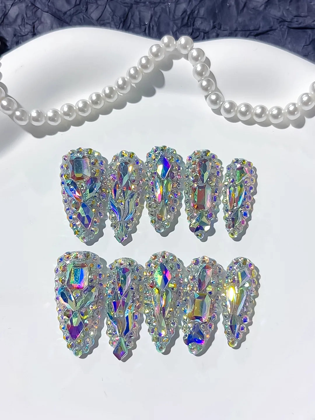 Silver Multicolor Solid color Rhinestone Crystal Cluster press on nails detail view