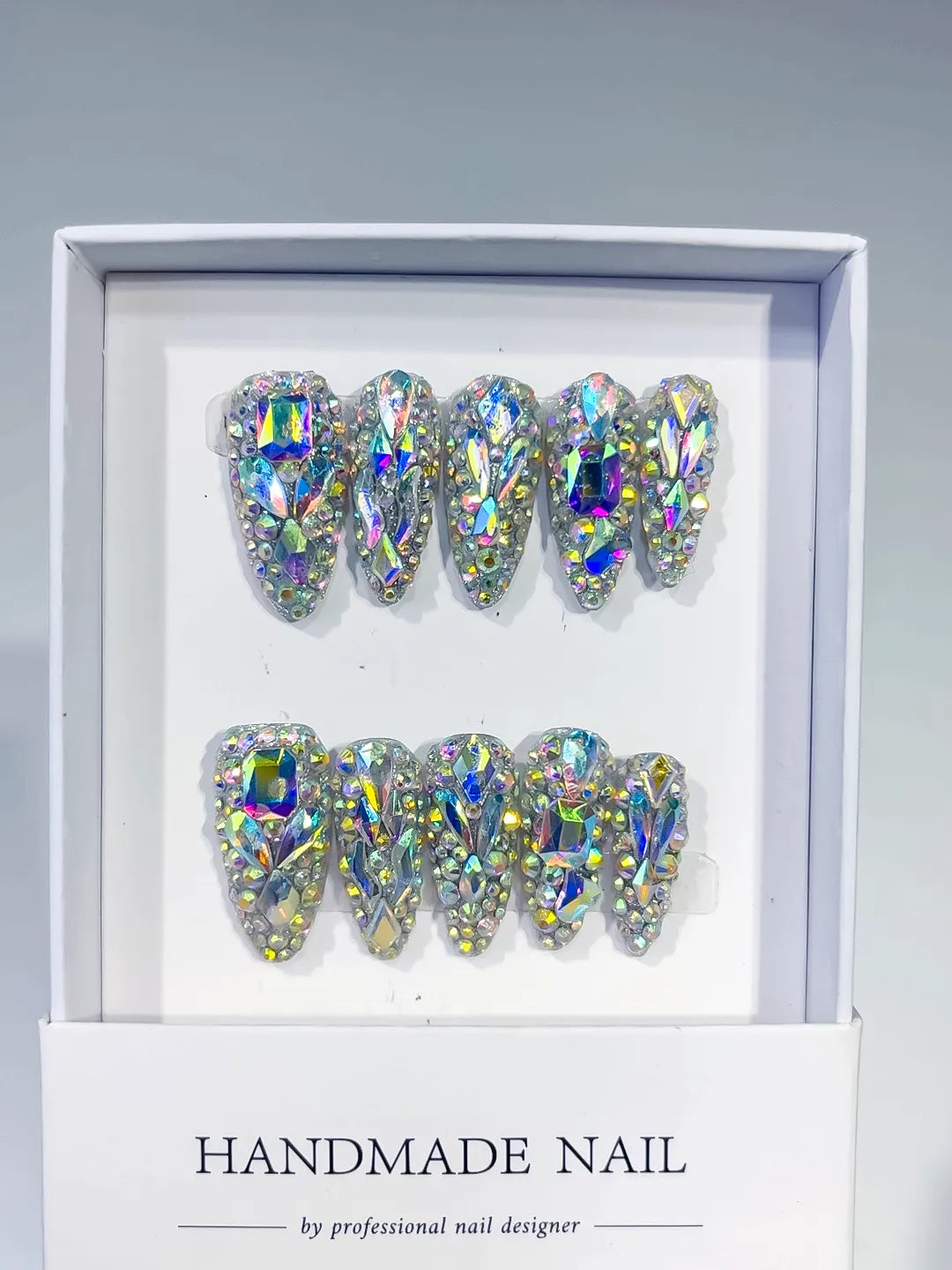 Silver Multicolor Solid color Rhinestone Crystal Cluster press on nails full set view