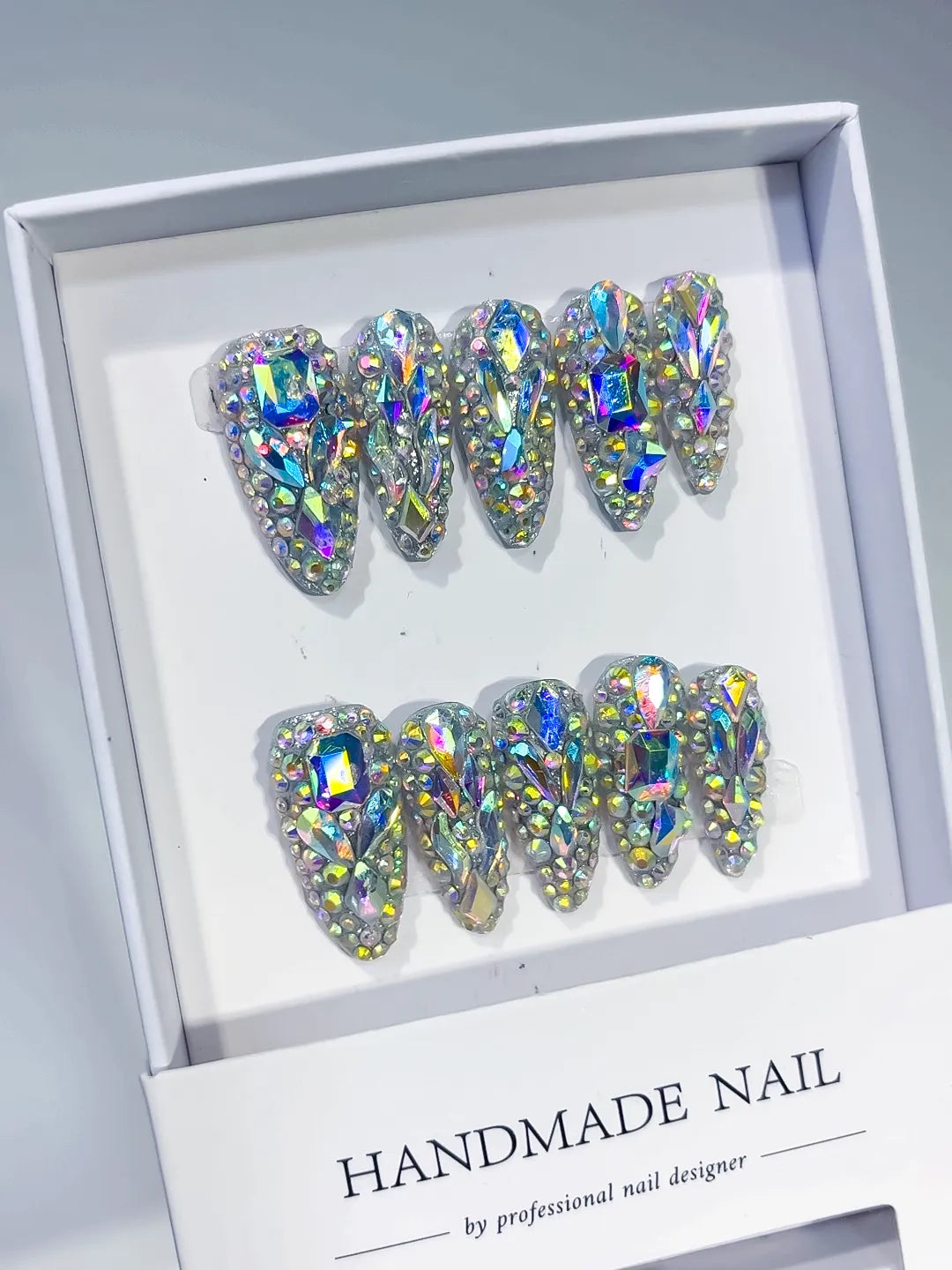 Silver Multicolor Solid color Rhinestone Crystal Cluster press on nails angled view