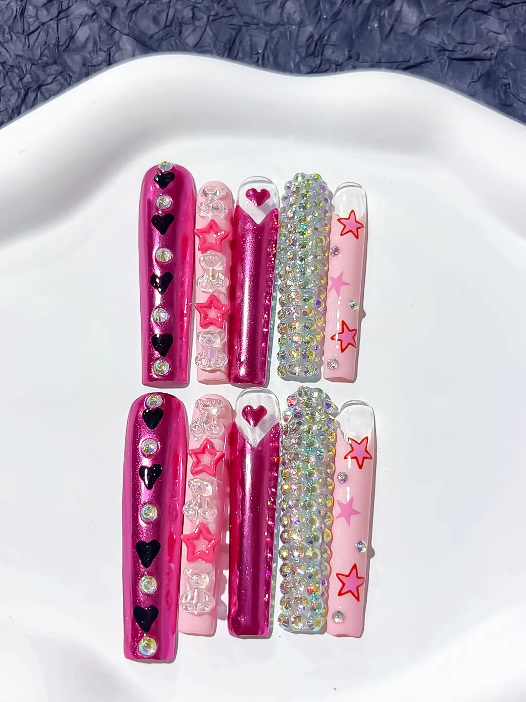 Pink White Red Solid color Bow Heart Rhinestone 3D press on nails detail view