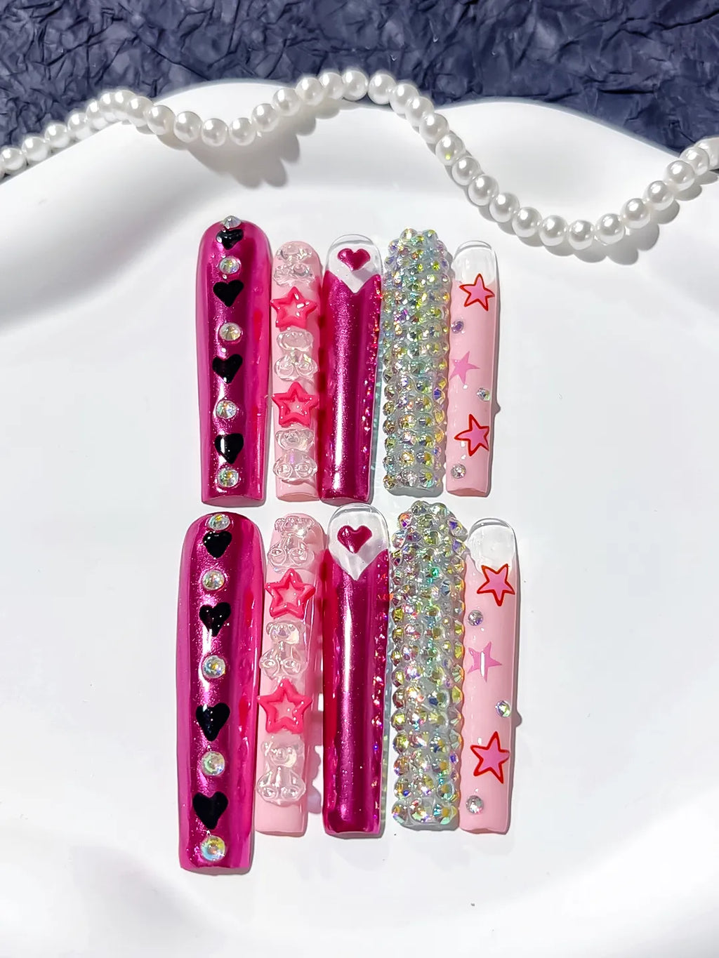 Pink White Red Solid color Bow Heart Rhinestone 3D press on nails detail view