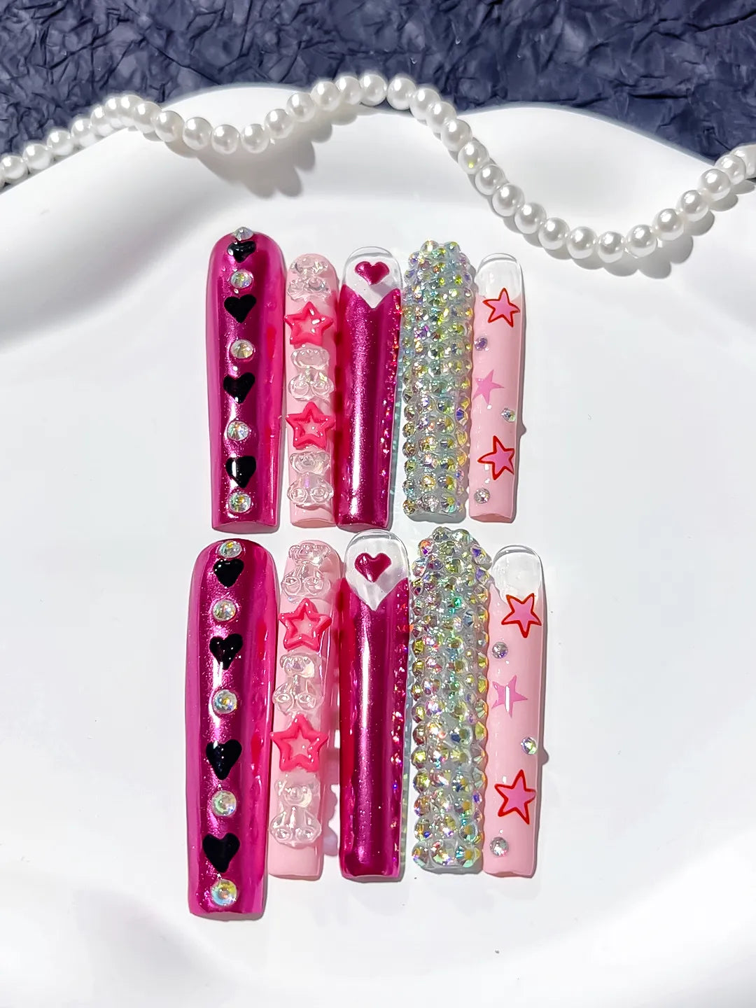 Pink White Red Solid color Bow Heart Rhinestone 3D press on nails detail view