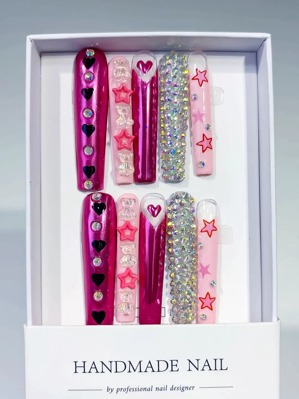 Pink White Red Solid color Bow Heart Rhinestone 3D press on nails full set view