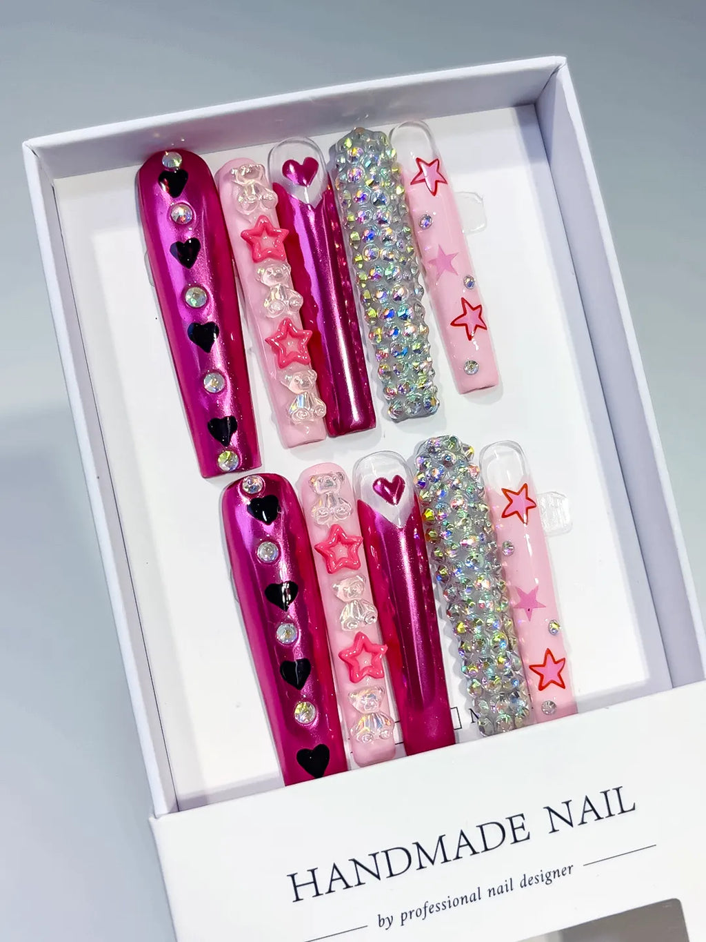 Pink White Red Solid color Bow Heart Rhinestone 3D press on nails angled view