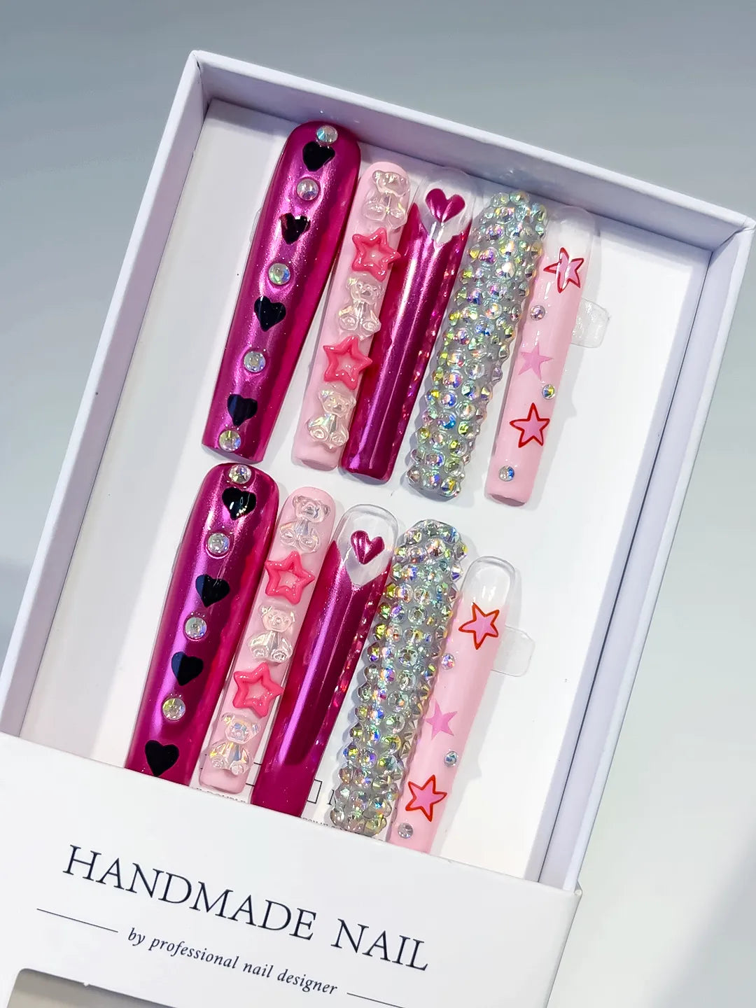 Pink White Red Solid color Bow Heart Rhinestone 3D press on nails